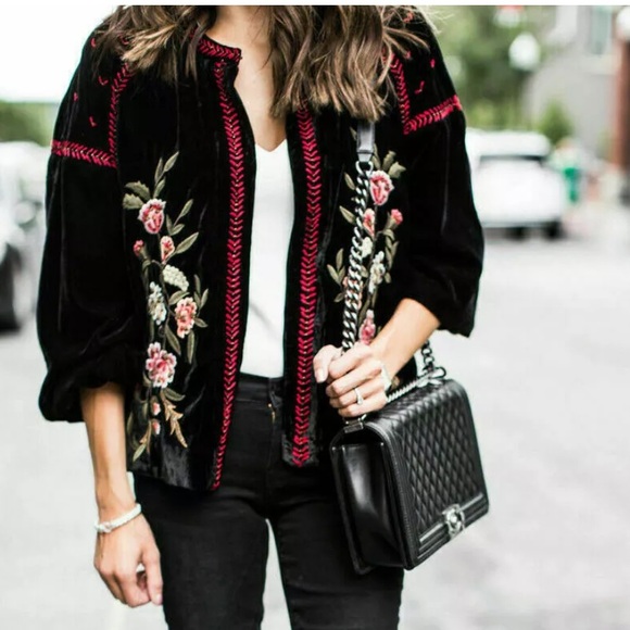 Zara Woman Black Velvet Embroidered Balloon Sleeve Open Front Jacket medium - Picture 2 of 7